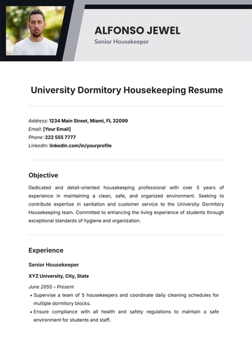 Free University Dormitory Housekeeping Resume Template to Edit Online