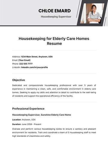 Free Housekeeping for Elderly Care Homes Resume Template to Edit Online