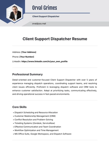 Free Client Support Dispatcher Resume Template to Edit Online
