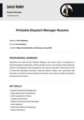 Free Printable Dispatch Manager Resume Template to Edit Online