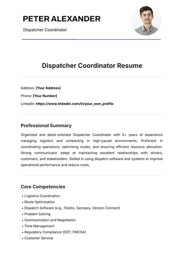 Free Dispatcher Coordinator Resume Template to Edit Online