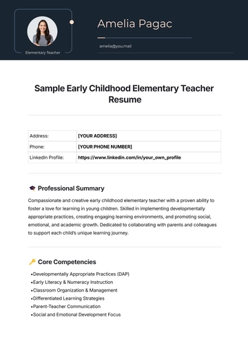 Free Sample Early Childhood Elementary Teacher Resume Template to Edit Online
