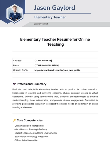 Free Elementary Teacher Resume for Online Teaching Template to Edit Online