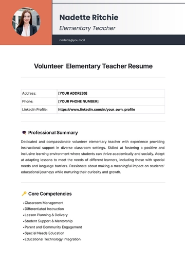 Free Volunteer  Elementary Teacher Resume Template to Edit Online
