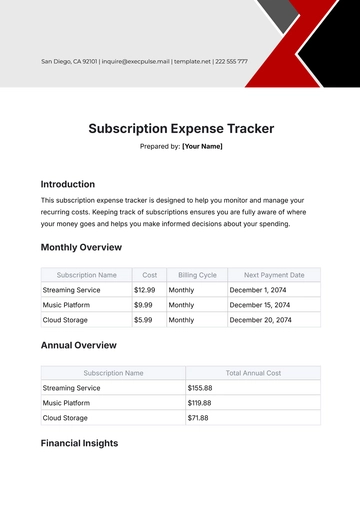 Free Subscription Expense Tracker Template to Edit Online