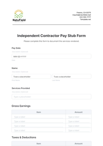 Free Independent Contractor Pay Stub Form Template to Edit Online