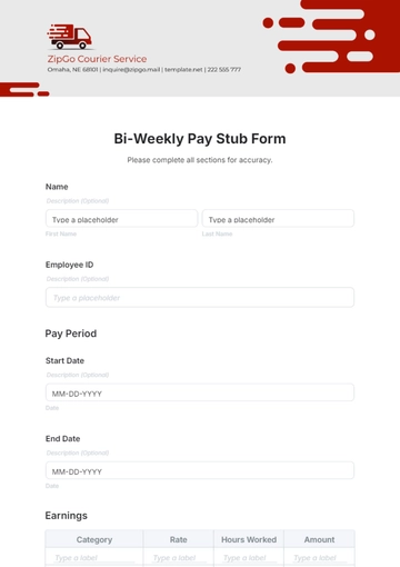 Free Bi-Weekly Pay Stub Form Template to Edit Online
