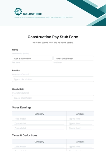 Free Construction Pay Stub Form Template to Edit Online