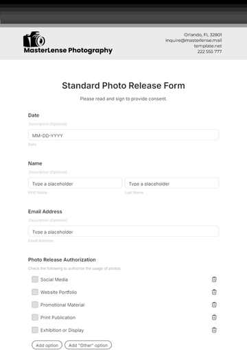 Free Standard Photo Release Form Template to Edit Online