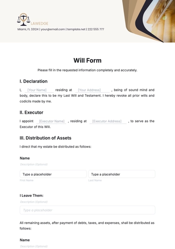 Free Will Form Template to Edit Online | Template.net