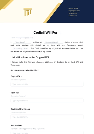 Free Codicil Will Form Template to Edit Online