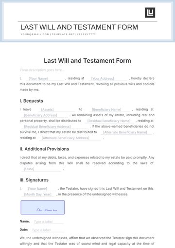 Free Last Will and Testament Form Template to Edit Online