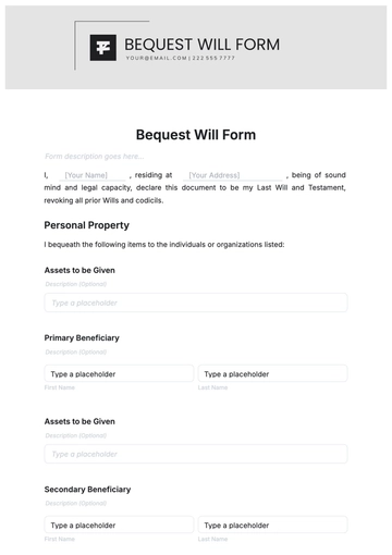 Free Bequest Will Form Template to Edit Online