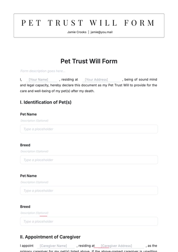 Free Pet Trust Will Form Template to Edit Online