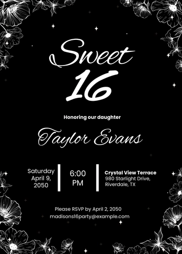 Free Black and White Sweet 16 Invitation Template to Edit Online