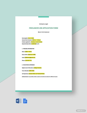 Sample Freelancer Job Application Form Template