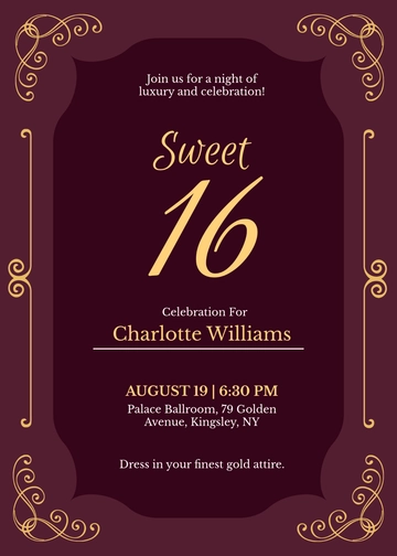 Free Royal Gold Sweet 16 Invitation Template to Edit Online