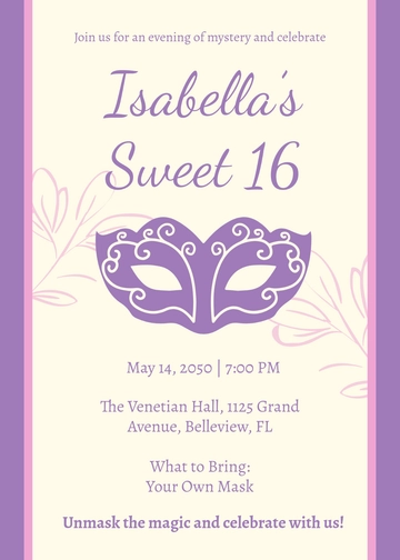 Free Creative Masquerade Sweet 16 Invitation Template to Edit Online