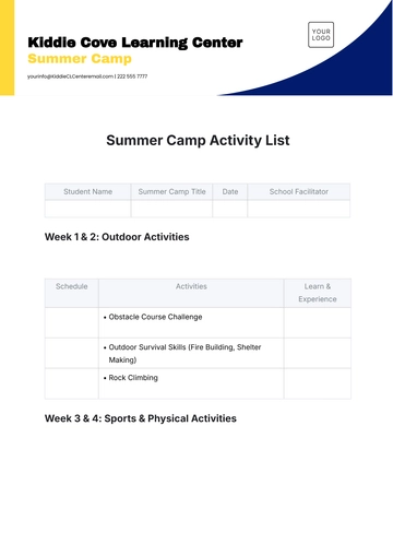 Free Summer Camp Activity List Template to Edit Online