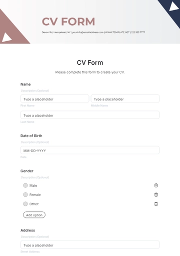 Free CV Form Template to Edit Online