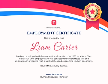 Free Restaurant Employment Certificate Background Template to Edit Online