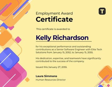 Free Colorful Employment Award Certificate Template to Edit Online