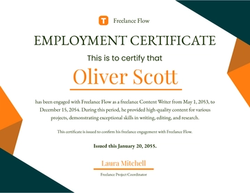 Free Freelance Employment Certificate Template to Edit Online
