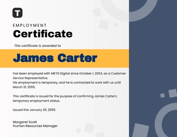 Free Temporary Employment Certificate Template to Edit Online