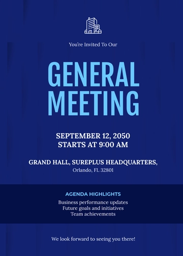 Free Blue Meeting Invitation Template with Agenda to Edit Online