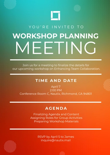 Free Colorful Workshop Meeting Invitation Template to Edit Online