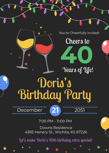 Free Colorful Cheers to 40th Birthday Invitation Template to Edit Online