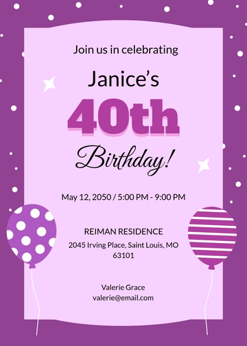 Free Precious Purple 40th Birthday Invitation Template to Edit Online