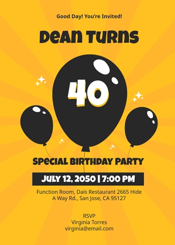 Free Black and Yellow Balloon 40th Birthday Invitation Template to Edit Online