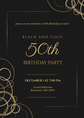 Free Black and Gold 50th Birthday Party Invitation Template to Edit Online