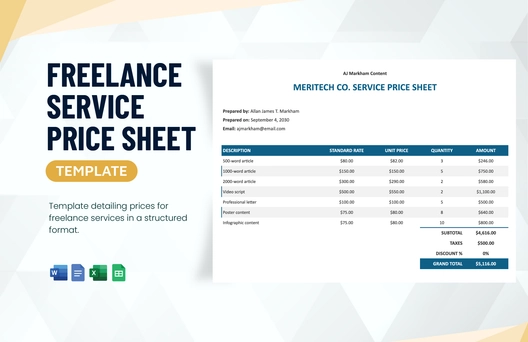Freelance Service Price Sheet Template