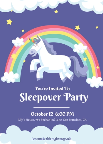 Free Purple Unicorn Sleepover Invitation Background Template to Edit Online