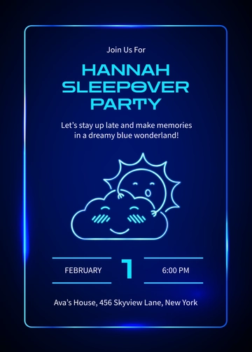 Free Neon Blue Sleepover Invitation Template to Edit Online