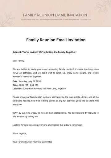 Free Family Reunion Email Invitation Template to Edit Online