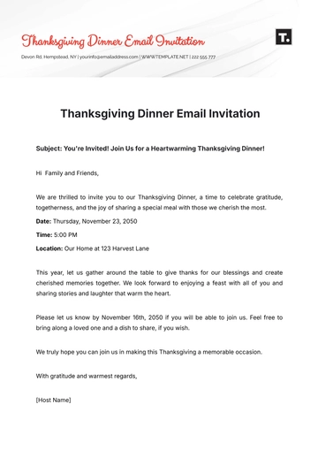 Free Thanksgiving Dinner Email Invitation Template to Edit Online