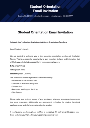 Free Student Orientation Email Invitation Template to Edit Online