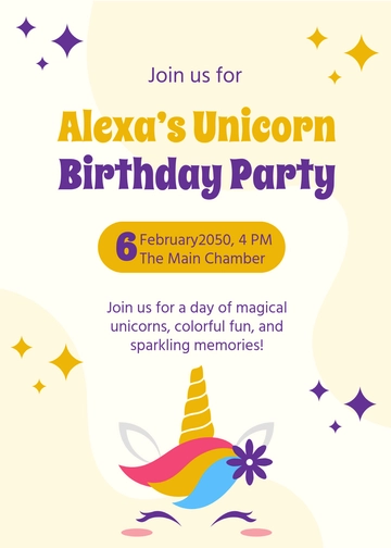 Free Purple Yellow Unicorn Kids Party Invitation Template to Edit Online