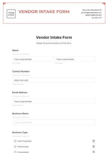 Free Vendor Intake Form Template to Edit Online