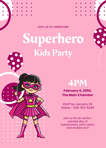 Free Pink Superhero Kids Party Invitation Template to Edit Online