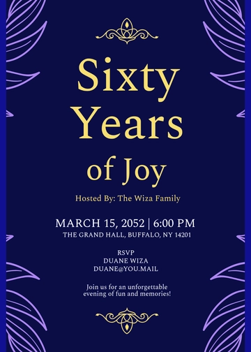 Free Purple and Blue Unique 60th Birthday Invitation Template to Edit Online