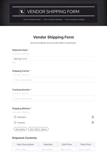 Free Vendor Shipping Form Template to Edit Online
