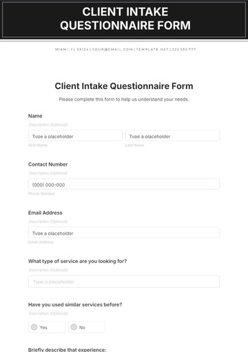 Free Client Intake Questionnaire Form Template to Edit Online