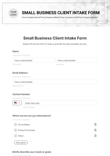 Free Small Business Client Intake Form Template to Edit Online