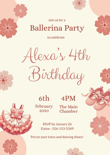 Free Ballerina Kids Party Invitation Template to Edit Online