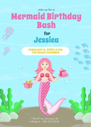 Free Pink Mermaid Kids Party Invitation Template to Edit Online