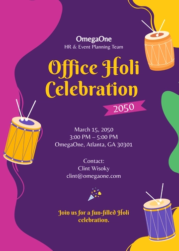 Free Office Holi Celebration Invitation Template to Edit Online